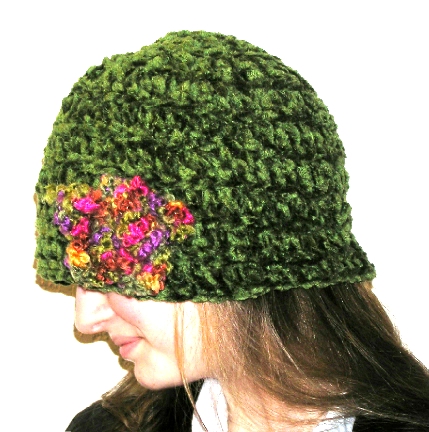 cloche style crochet hat with zen flower